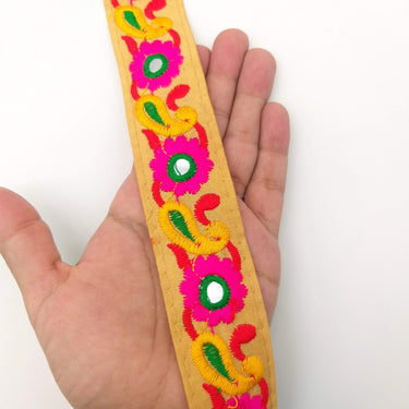 Beige Floral Mirrored Trim With Fuchsia Pink Flowers And Yellow Paisley Embroidery, Decorative Trimming, Trim By 3 Yards